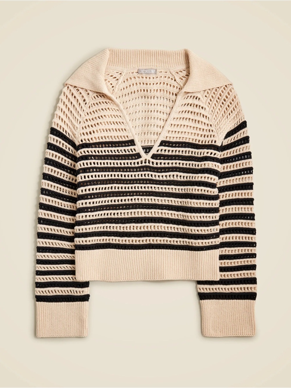 J. Crew Crochet Sailor-Collar Sweater in Stripe Open Knit Pullover Collar Tan